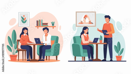 Two distinct scenes depict people engaged in work and leisure activities with modern decor