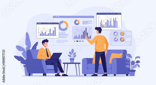 Two men discuss charts and data analysis in a modern office