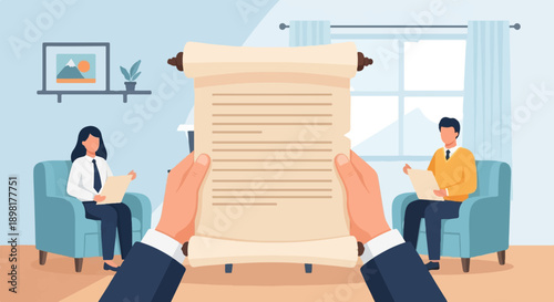 Two people discuss documents in a room with a large scroll