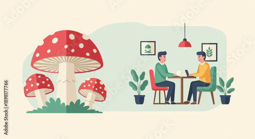 Two men discuss work at a table near plants and large mushrooms