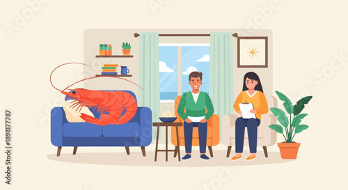 Two people and large shrimp relax in a cozy living room