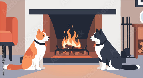 Two dogs by a cozy fireplace with a warm, inviting glow