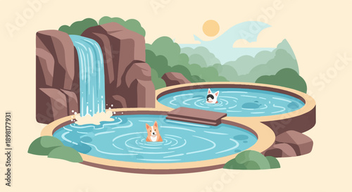 Two dogs enjoy a relaxing dip in hot spring pools near a waterfall