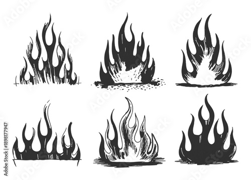 Collection of Six Hand-Drawn Fire Flame