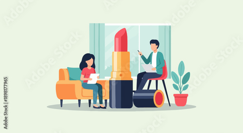 Two people discuss makeup with a large lipstick as a prop