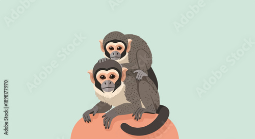 Two monkeys, one sitting on another, on a coral-colored surface