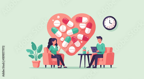 Two people discuss health and medication under a giant heart-shaped pill blister pack