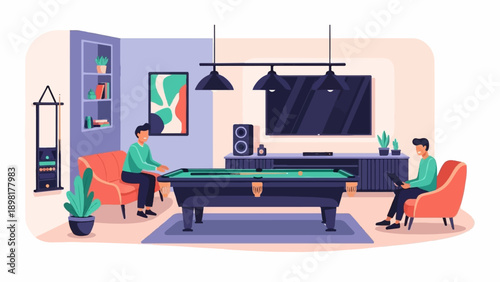 Two men in a recreation room playing pool and using a tablet