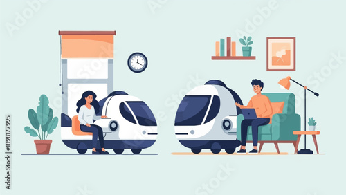 Two modern trains, one interior with a woman, one exterior with man