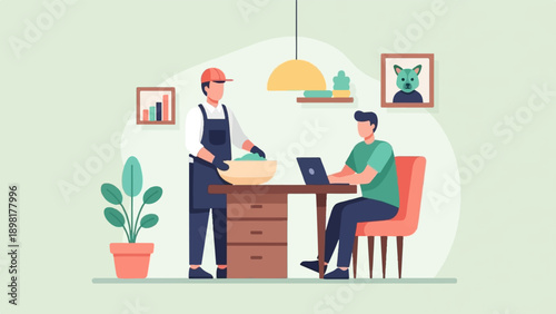 Two men in a room one cooking, another working on a laptop