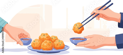 Two hands reaching for fried food balls dipped in sauce with chopsticks