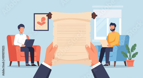 Two men in armchairs, one on laptop, one reading, scroll held up