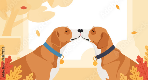 Two dogs with closed eyes and noses touching in autumn