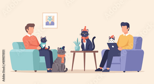 Two men in cozy chairs with cats, one using a laptop