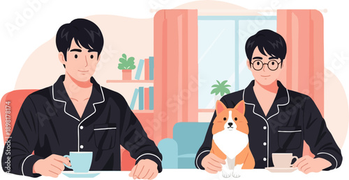 Two men in pajamas enjoying drinks with a corgi dog in a cozy room