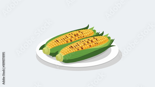 Two ears of grilled corn with husks sit on a white plate