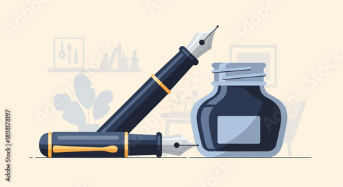 Two classic dark fountain pens and inkwell on a light background