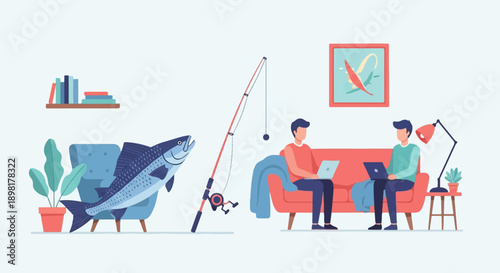 Two men on a couch with laptops, a fish on a chair, and fishing rod