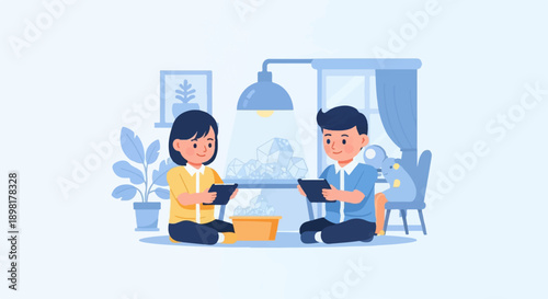 Two children engage with tablets in a room with plants and decor