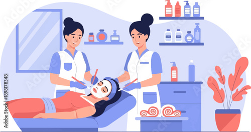 Two estheticians pamper a client with a facial treatment in a spa