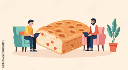 Two men on chairs, laptops, huge focaccia bread, potted plant