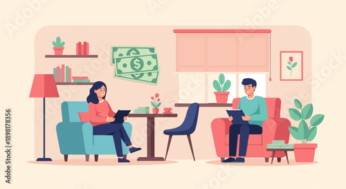 Two people are discussing finances while sitting comfortably indoors near plants
