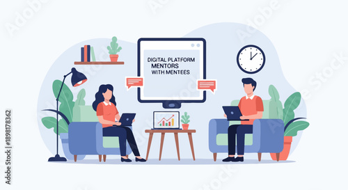 Two people are in chairs with laptops on a digital platform, mentored