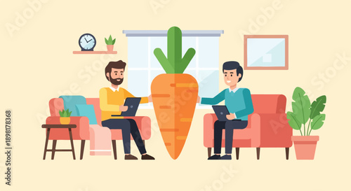 Two men on couches holding laptops beside a giant carrot