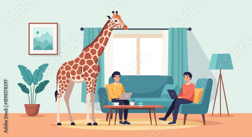 Two men work on laptops in a living room with a giraffe and plant