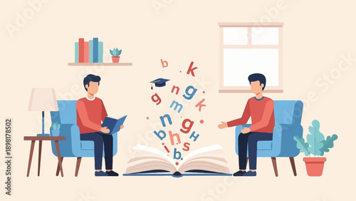 Two men reading books in armchairs, with letters and graduation cap