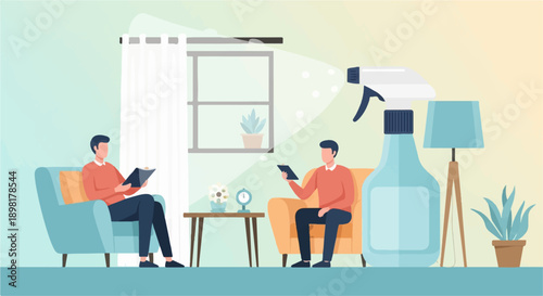 Two men relax in a home, one reading, the other on a tablet, near cleaning supplies