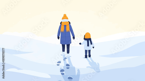 Two figures in winter attire walk across a snowy landscape