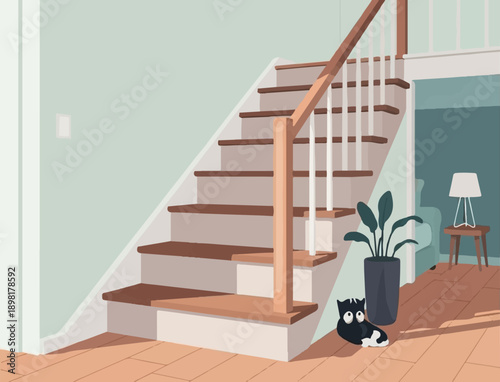 Two cats relaxing by a staircase indoors, with a plant and lamp