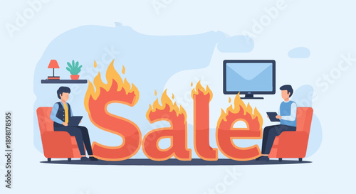 Two men relax in chairs, watching a television screen with a flaming "Sale" sign