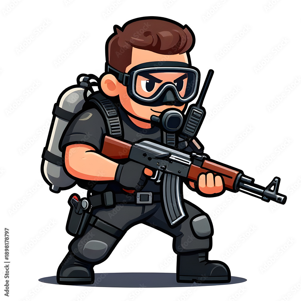 Obraz premium A sturdy special forces soldier with a combat weapon, fully equipped in special combat gear. Cartoon mascot, illustration, clean lines, flat design, modern, high quality