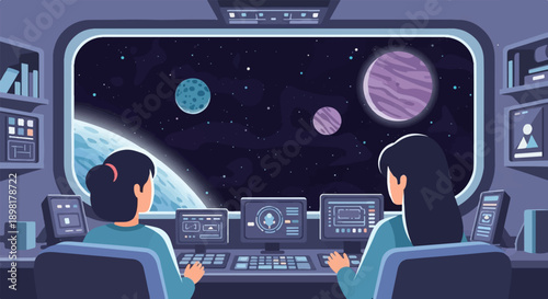 Two figures work at consoles inside a spacecraft viewing distant planets