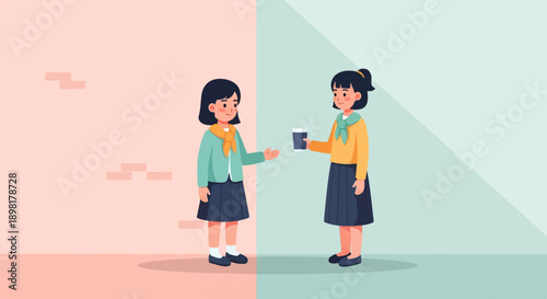 Two cartoon girls in school uniforms sharing a drink