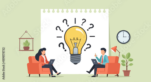 Two individuals brainstorm under a glowing idea bulb, surrounded by questions