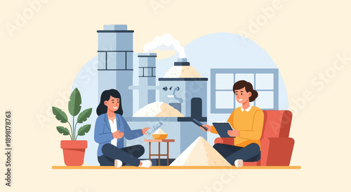 Two individuals collaborating near an industrial facility with raw materials