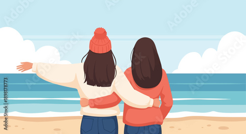 Two friends embrace on a sandy beach, facing the vast blue ocean and sky