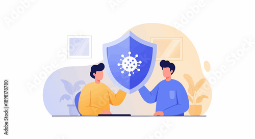 Two individuals collaborate, holding a protective shield against a virus