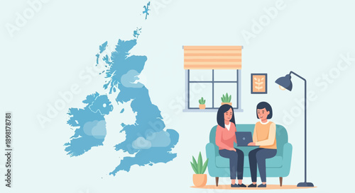 Two individuals consult on a laptop with a map of the United Kingdom backdrop