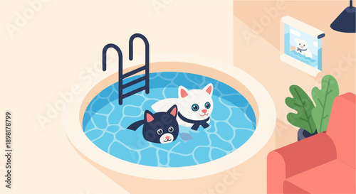Two cartoon cats swim in a circular pool in a cozy room