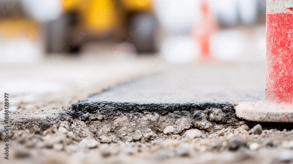 Naklejka premium Road repair close up of asphalt edge layer and construction cone reportage about road works.