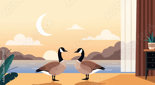 Two geese stand on a beach near water at sunset with a crescent moon