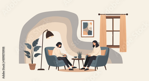 Two individuals in a cozy room with minimalist decor, engaged in conversation