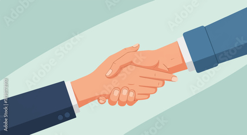 Two individuals in suits shake hands against a light blue and green backdrop