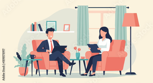 Two individuals in professional attire engage in conversation while seated in armchairs