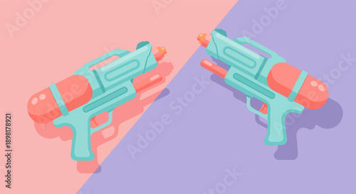 Two bright, cartoonish water guns in teal and coral on a pink and purple background