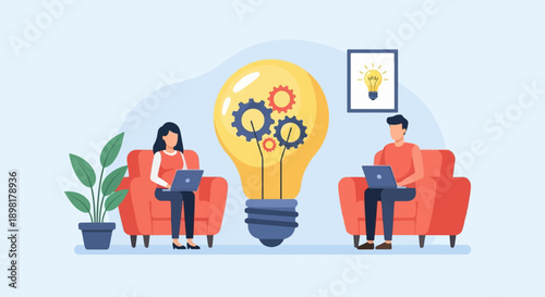 Two individuals on laptops beside a large light bulb with gears, symbolizing innovation